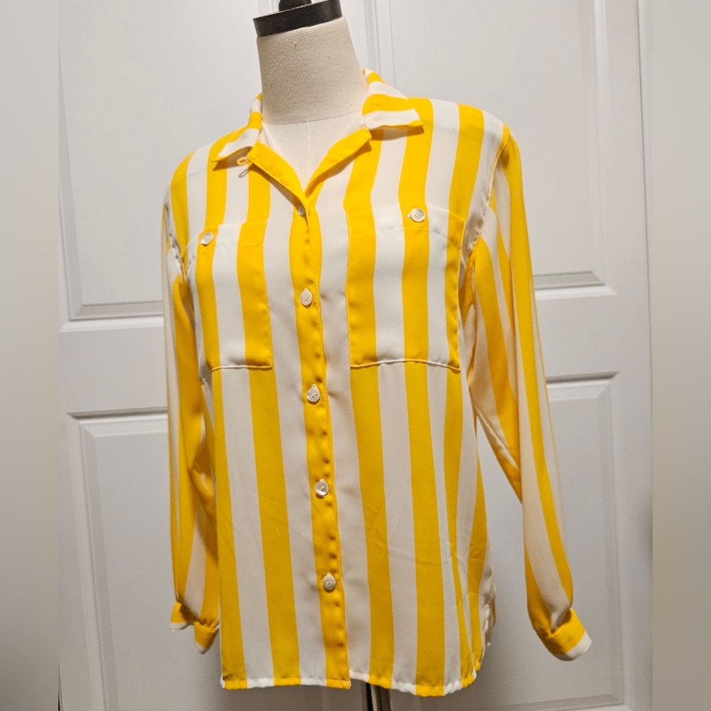 Liz Claiborne Button Down Yellow White Stripes Top Blouse Neon 80s Pop Color